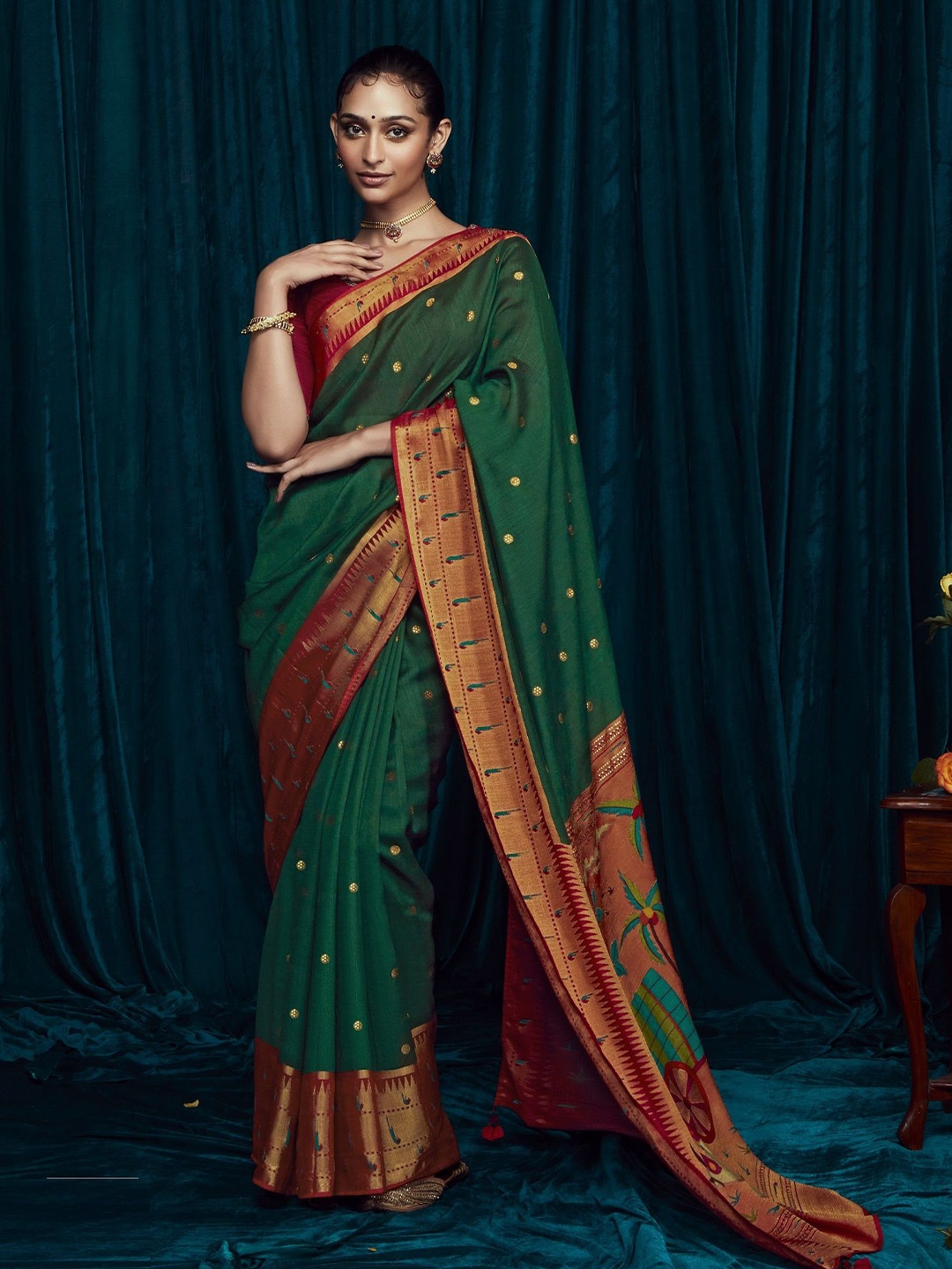 

MAHALASA Ethnic Motifs Brasso Handloom Saree, Green