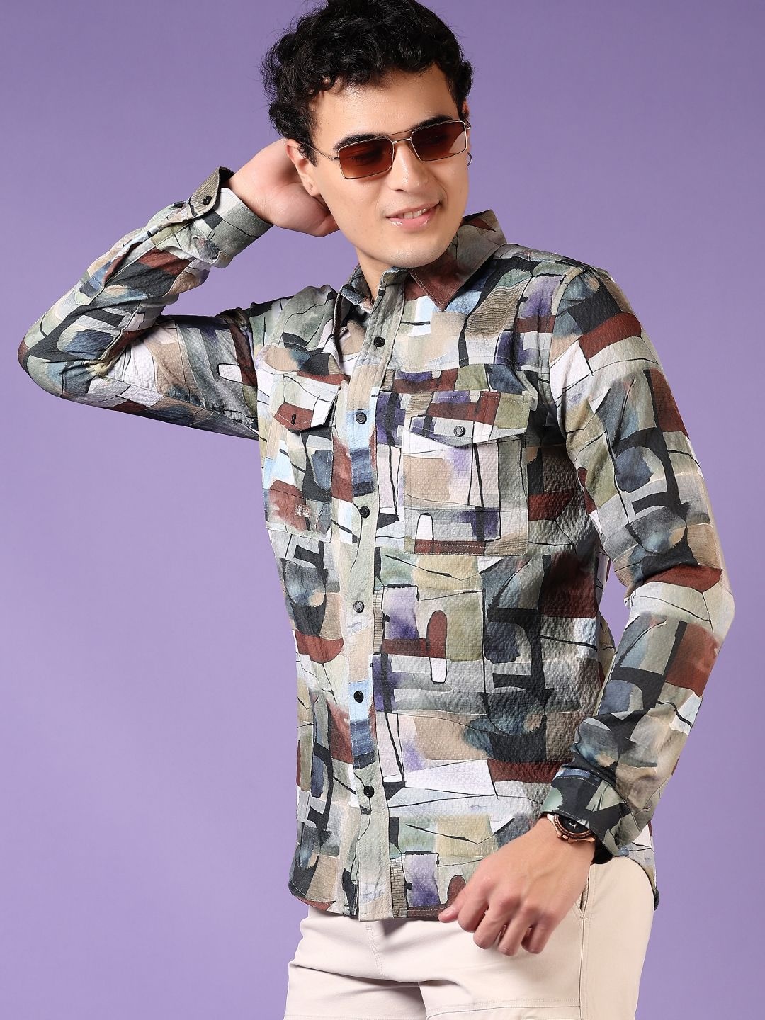 

V-Mart Men Spread Collar Abstract Printed Cotton Casual Shirt, Green