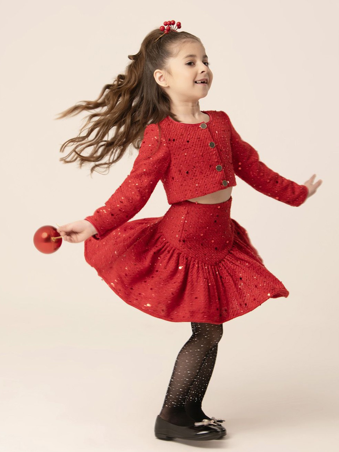 

HOITY MOPPET Girls Embellished Round Neck Top With Skirt, Red