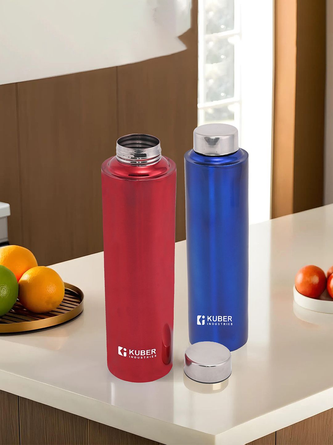 

Kuber Industries Red & Blue 2 Pieces Stainless Steel Solid Water Bottle