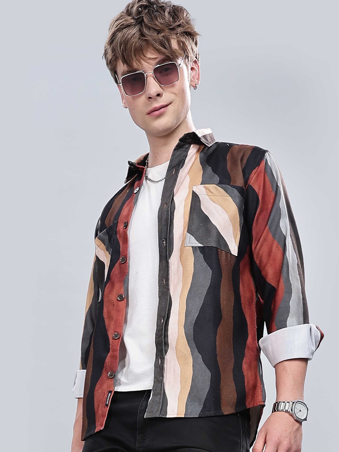 

BUMCHIQ Men Comfort Slim Fit Spread Collar Multi Striped Casual Shirt, Brown