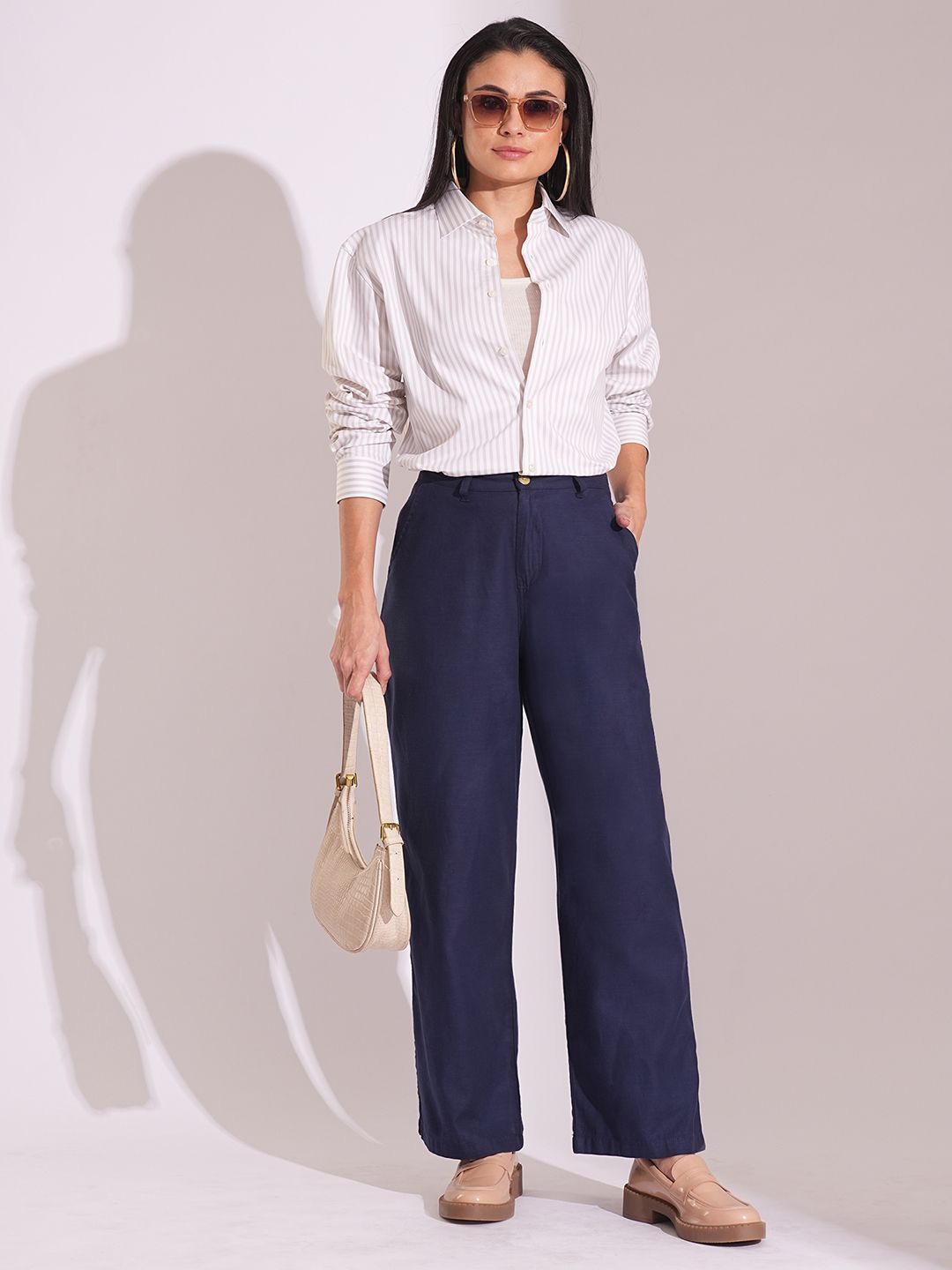 

Globus Women Cotton High-Rise Wide Leg Formal Trousers, Navy blue