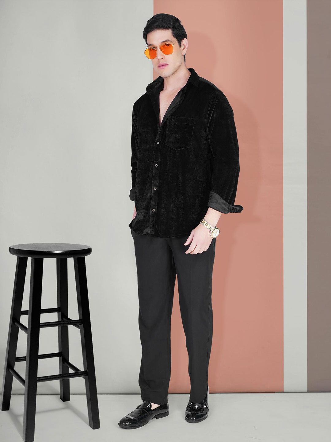 

BAESD Men Comfort Fit Spread Collar Solid Silk Casual Shirt, Black