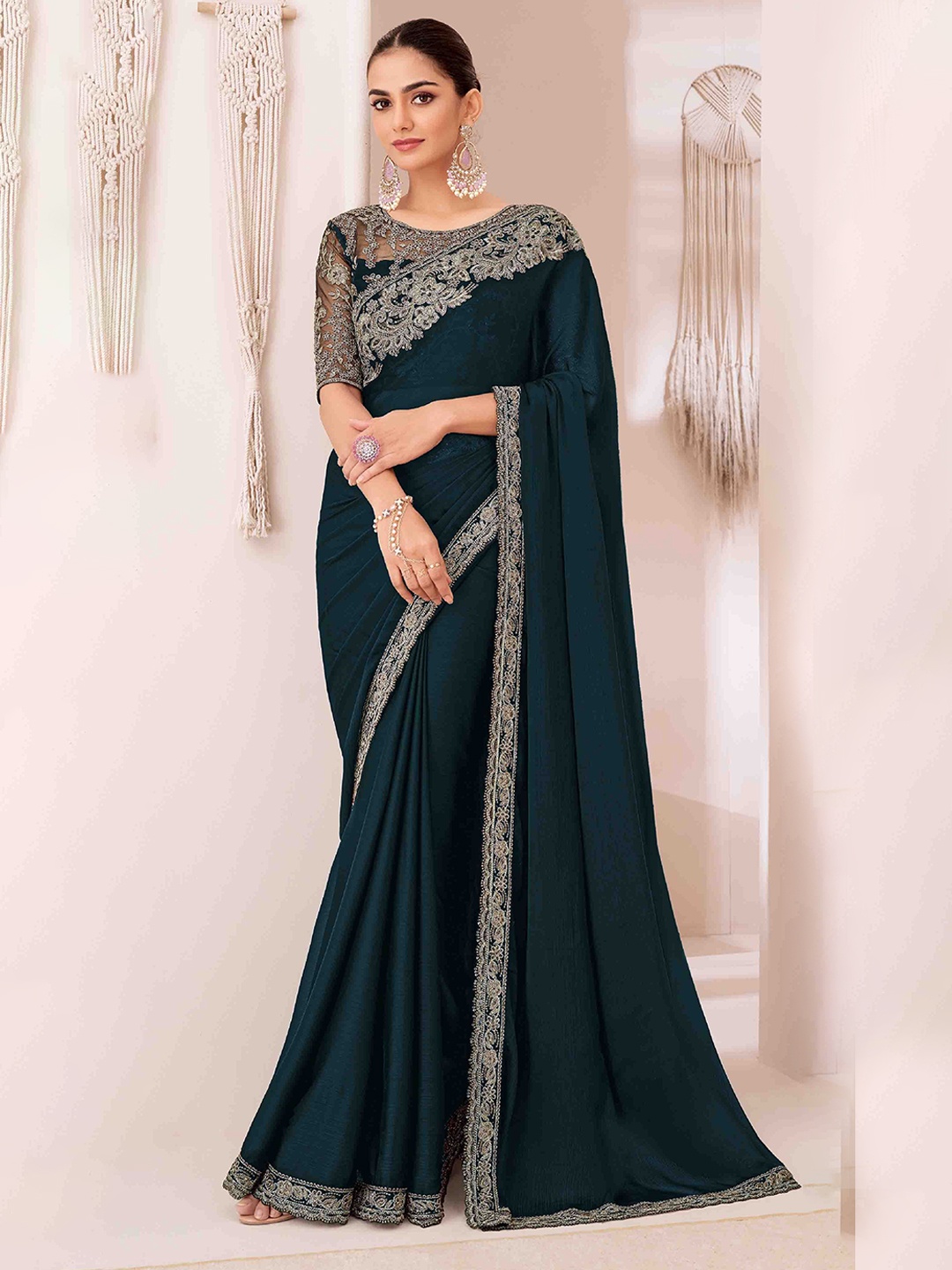 

Mitera Embroidered Pure Georgette Saree, Teal