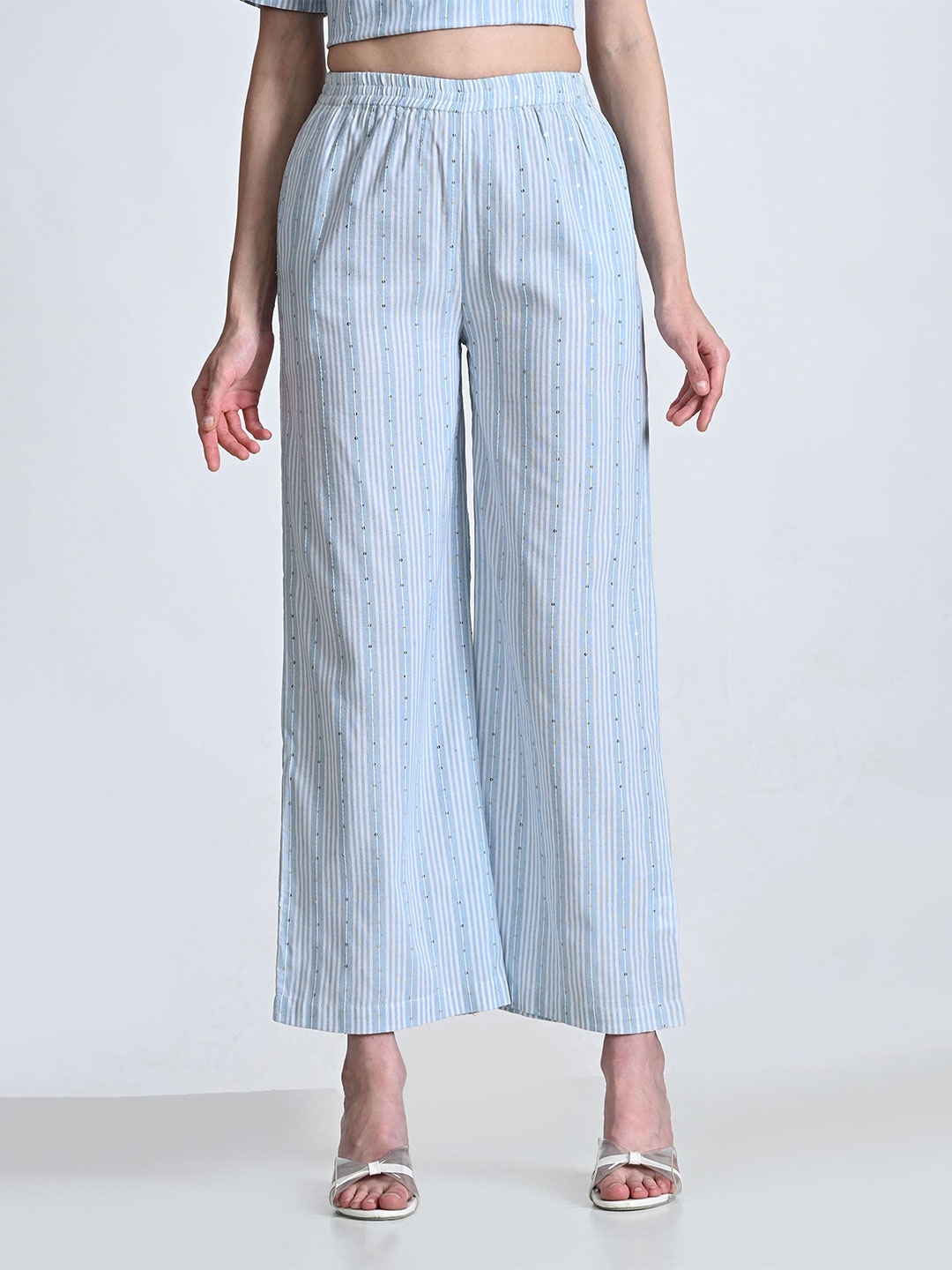 

ALL WAYS YOU Women Striped Embellished Palazzos, Blue