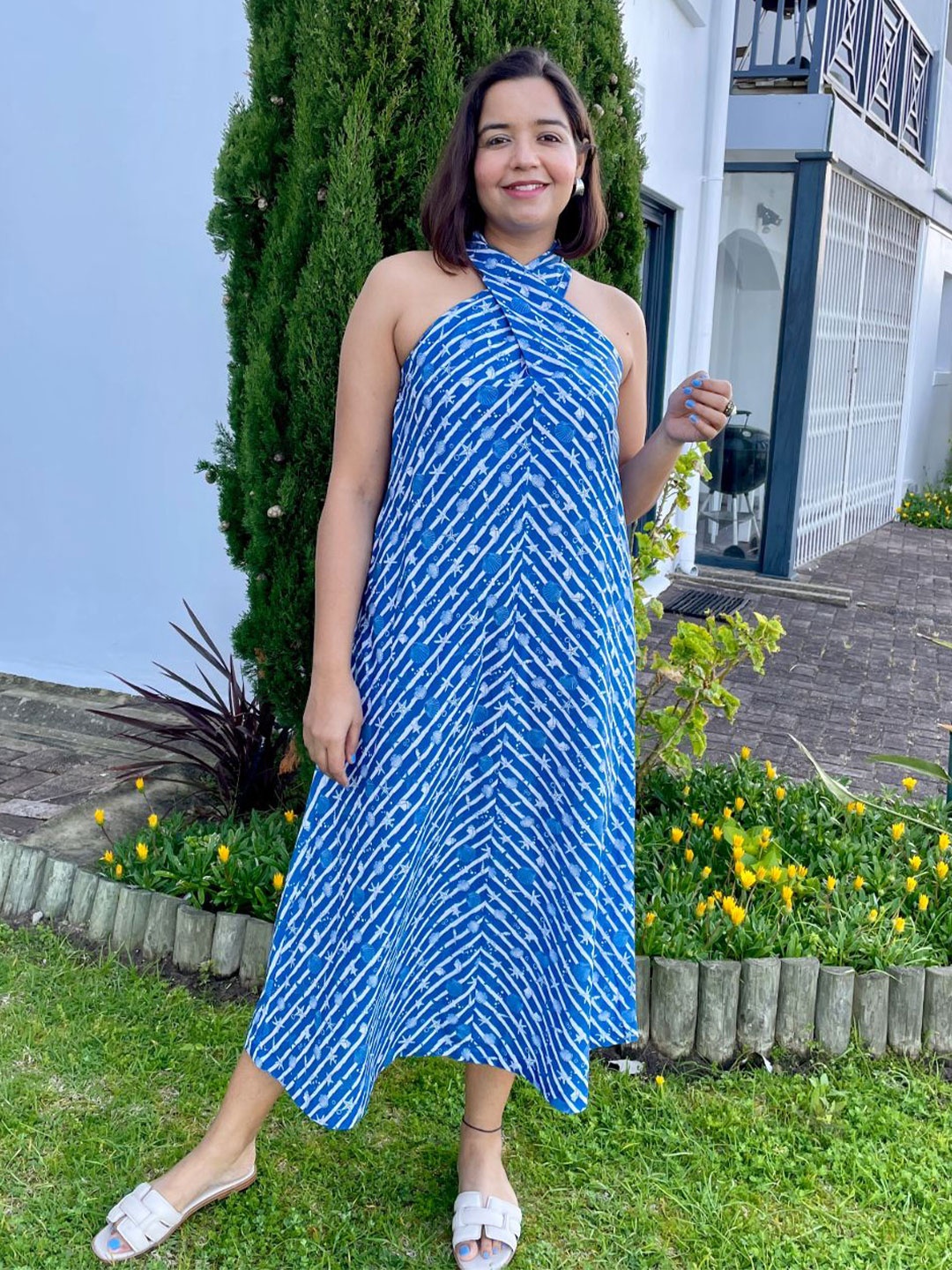 

Label Tanvee Women Striped Halter Neck A-Line Maxi Dress, Blue