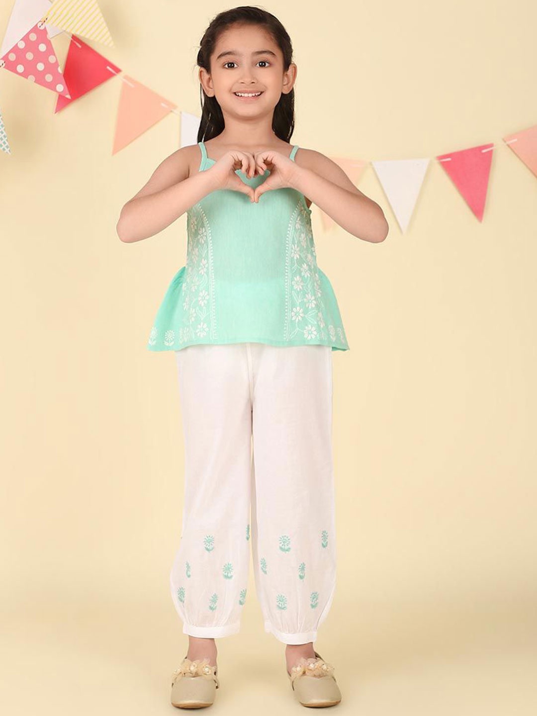 

Fabindia Girls Embroidered Pure Cotton Top With Trouser, Green