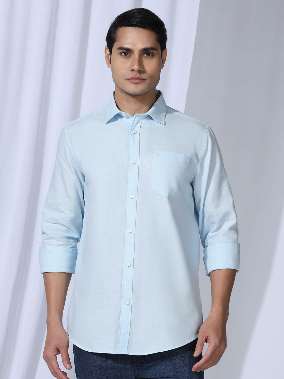 

Blackberrys Men India Slim Fit Spread Collar Textured Cotton Casual Shirt, Blue