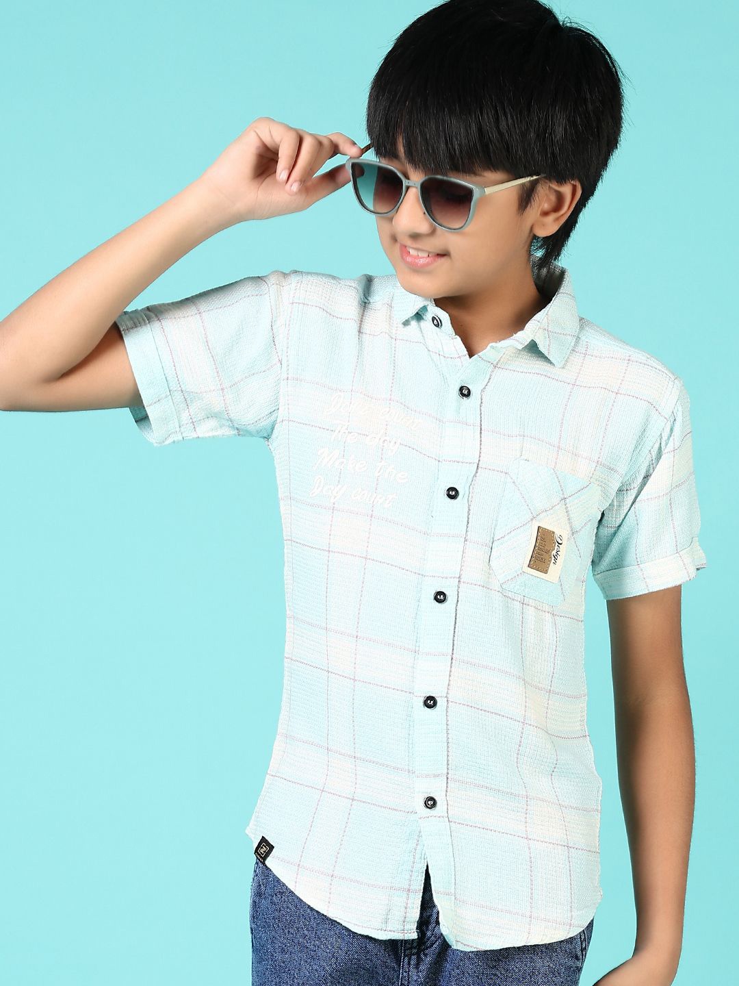 

V-Mart Boys Spread Collar Windowpane Checked Cotton Casual Shirt, Blue
