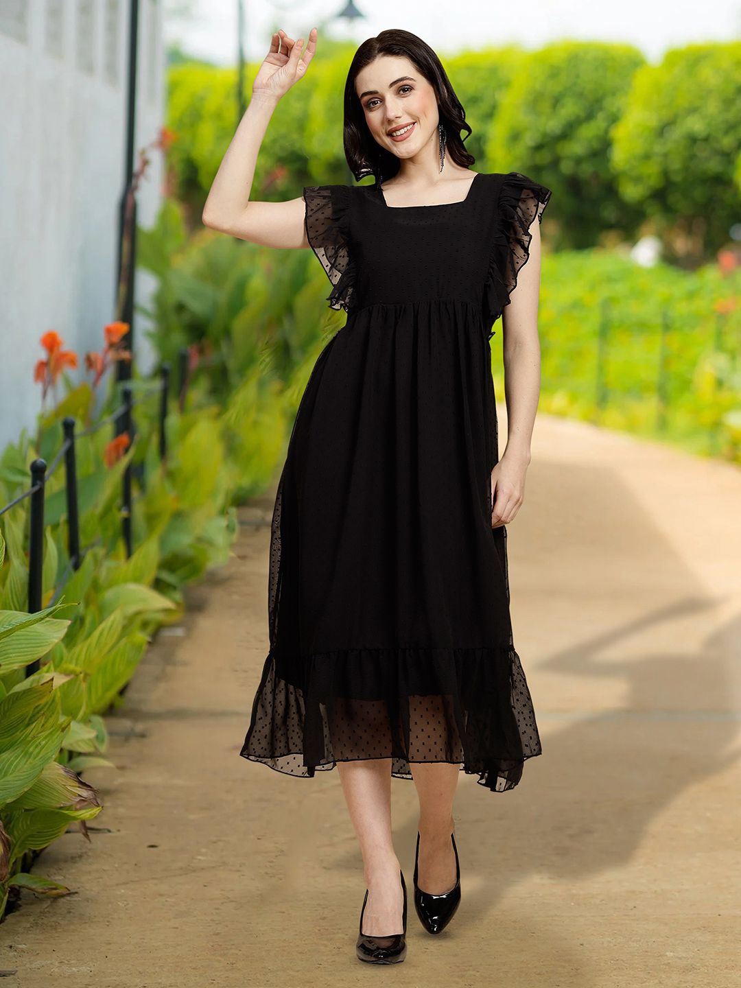 

MISS AYSE Applique Fit & Flare Dress, Black