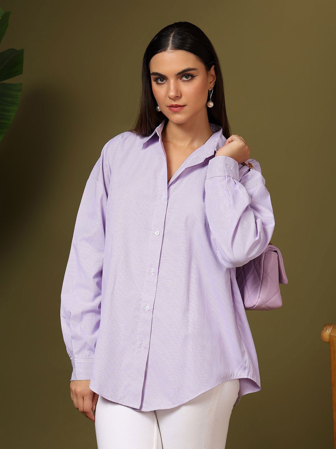 

Kotty Women Relaxed Fit Spread Collar Vertical Striped Cotton Casual Shirt, Lavender