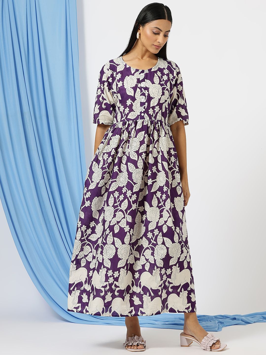 

KALINI Women Floral Printed Fit and Flare Ethnic Dress, Purple