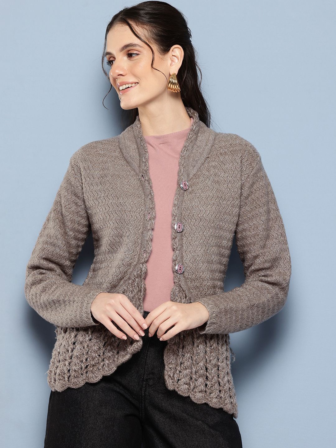 

BAESD Women Self Design Cable Knit Woollen Cardigan, Brown