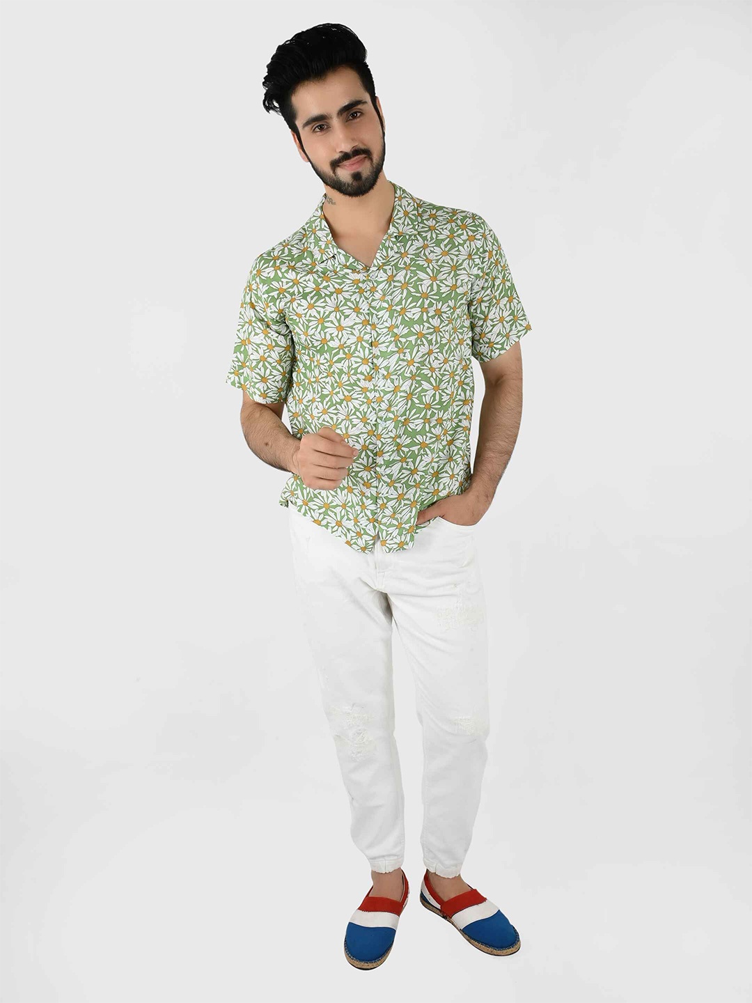 

Blissence Men Comfort Fit Cuban Collar Floral Printed Cotton Casual Shirt, Green