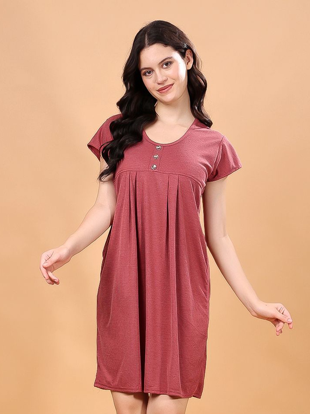 

NIGHT KEYS Women Round Neck Nightdress, Maroon