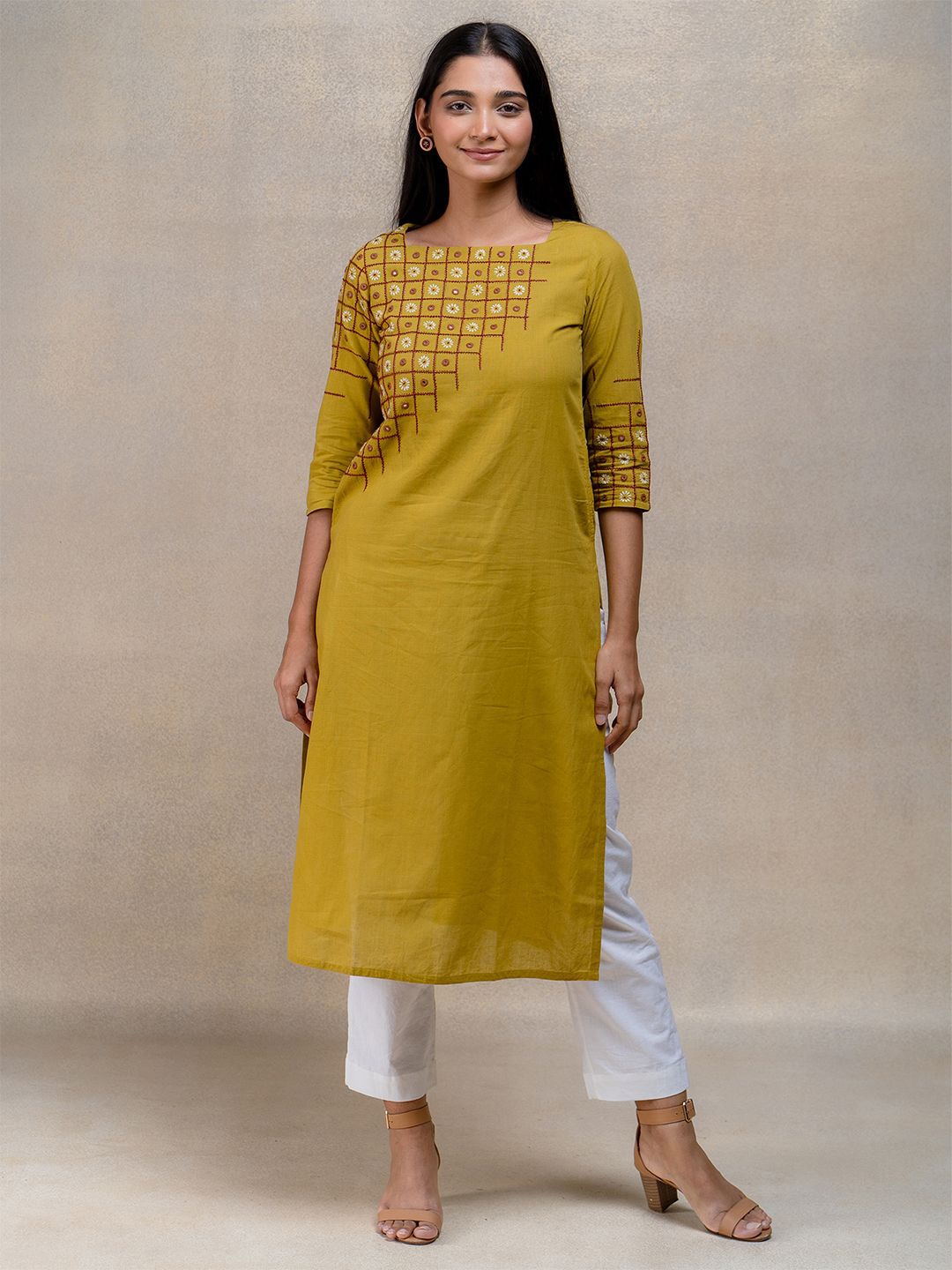 

OKHAI Floral Embroidered Mirror Work Pure Cotton Straight Kurta, Mustard