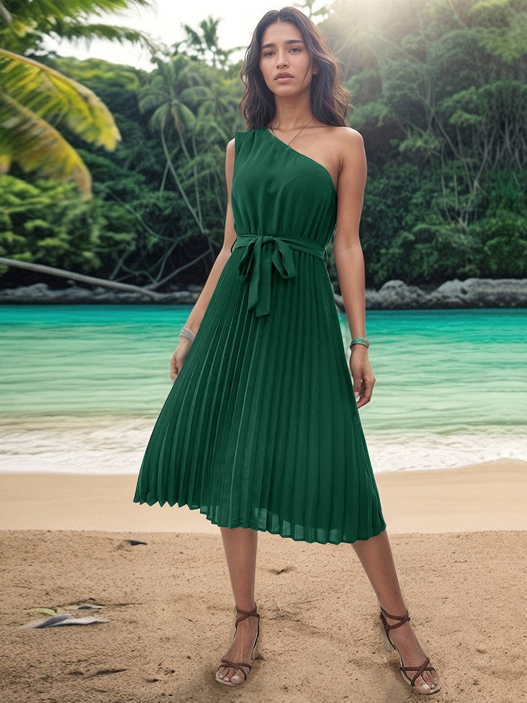 

DressBerry Accordian Pleats One Shoulder A-Line Midi Dress with Belted Detail, Green