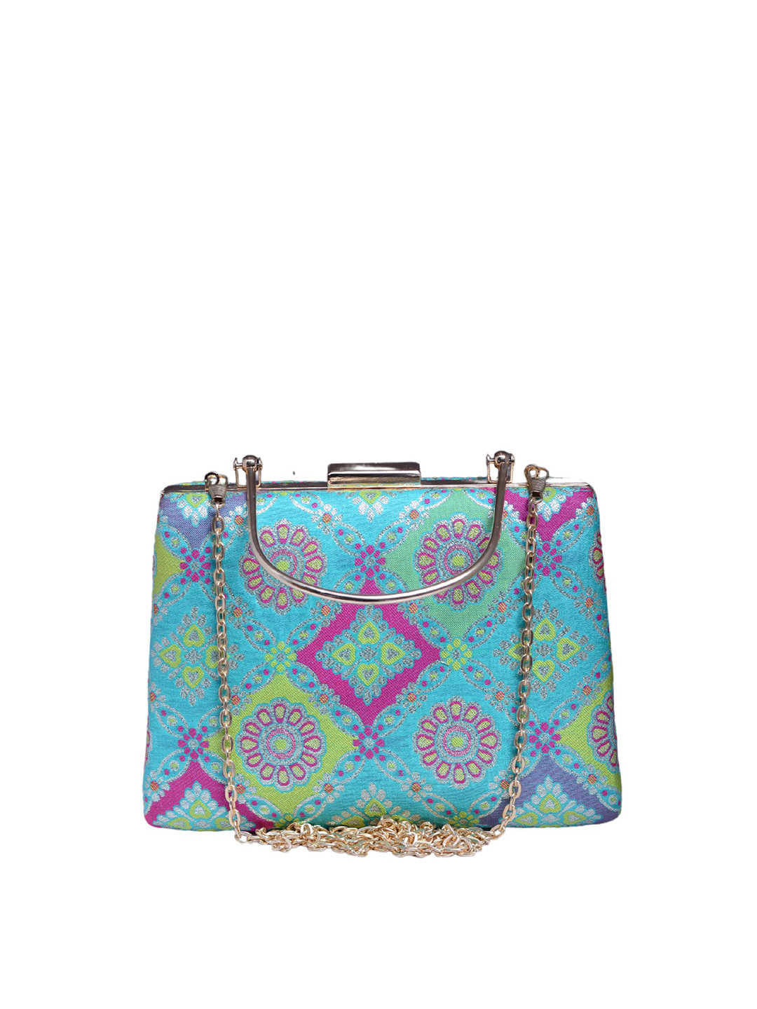 

ARTKLIM Ethnic Motifs Printed Silk Box Clutch, Blue