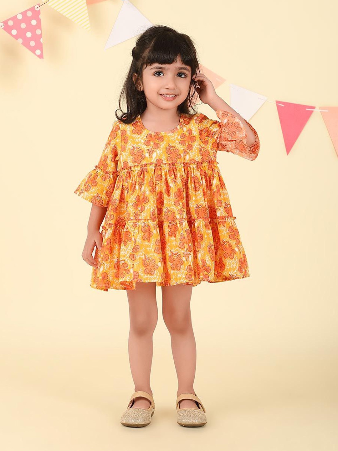 

Fabindia Girls Ethnic Motifs Printed Bell Sleeve Cotton Fit & Flare Mini Dress, Orange