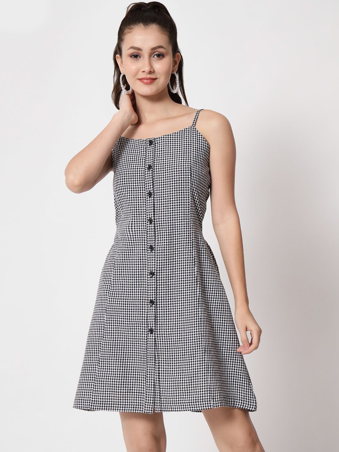 

ANGOORI FASHION Checked Pure Cotton Fit & Flare Dress, Black