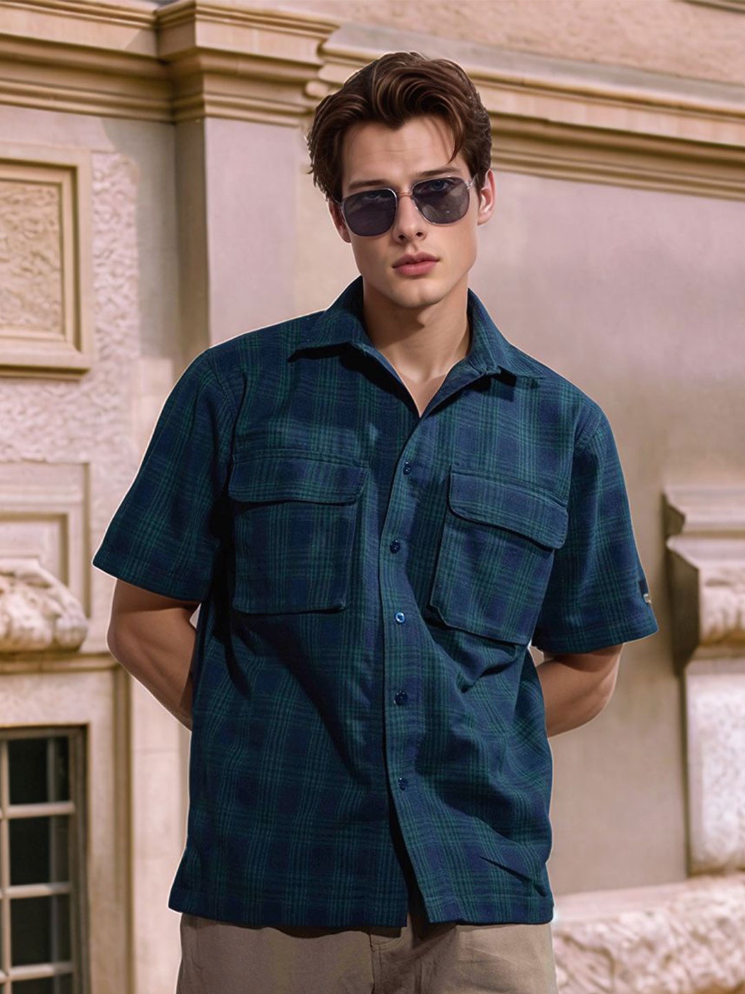 

HERE&NOW Men Spread Collar Tartan Checked Cotton Casual Shirt, Blue