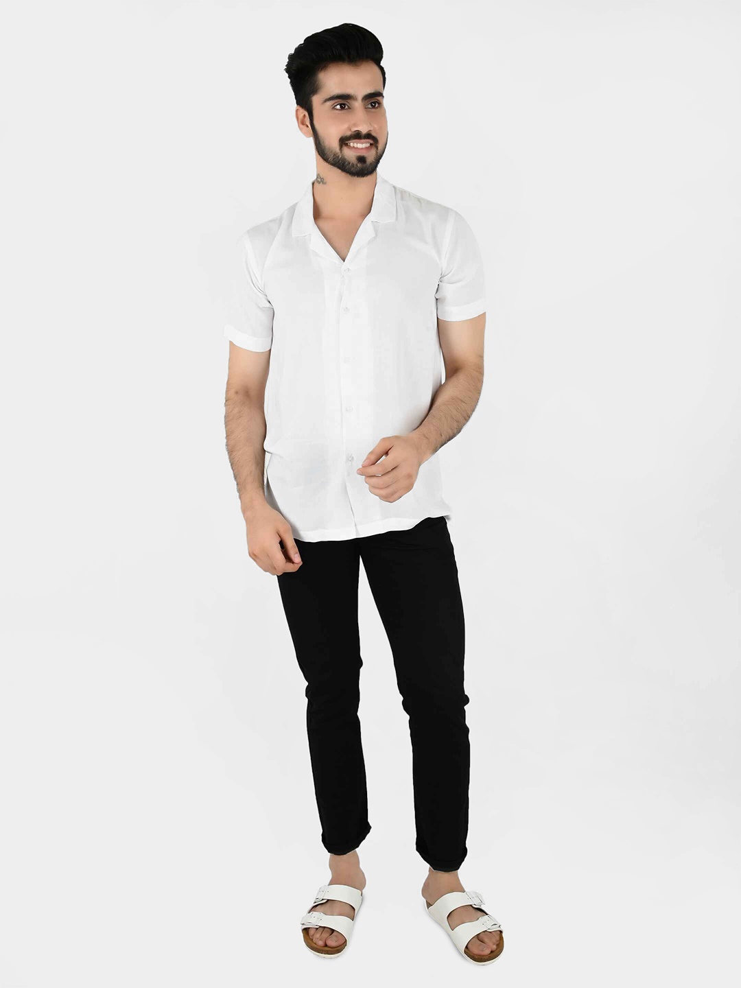 

Blissence Men Comfort Fit Cuban Collar Solid Cotton Casual Shirt, White
