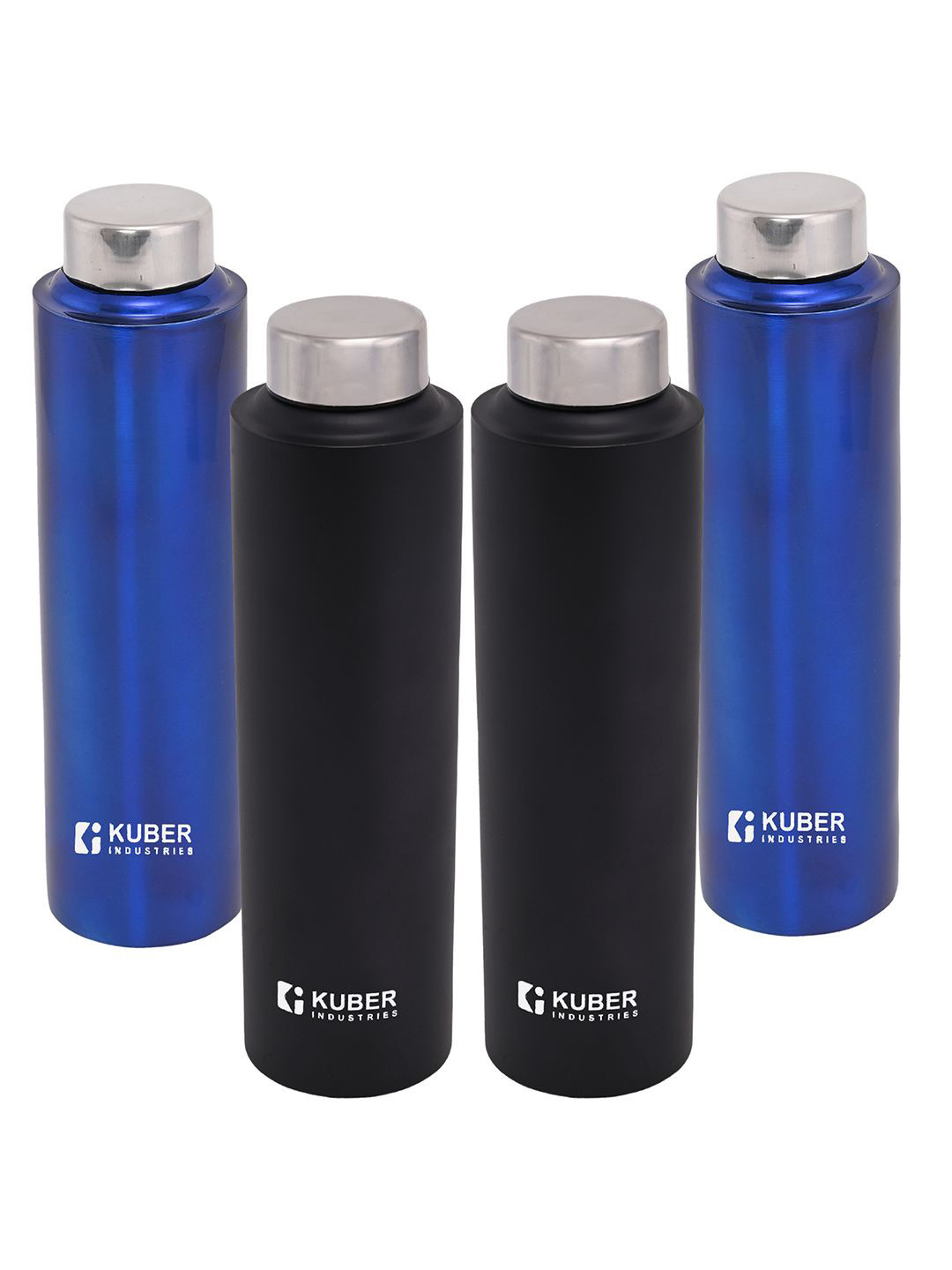 

Kuber Industries Black & Blue 4 Pieces Stainless Steel Leakproof Water Bottle 1L each