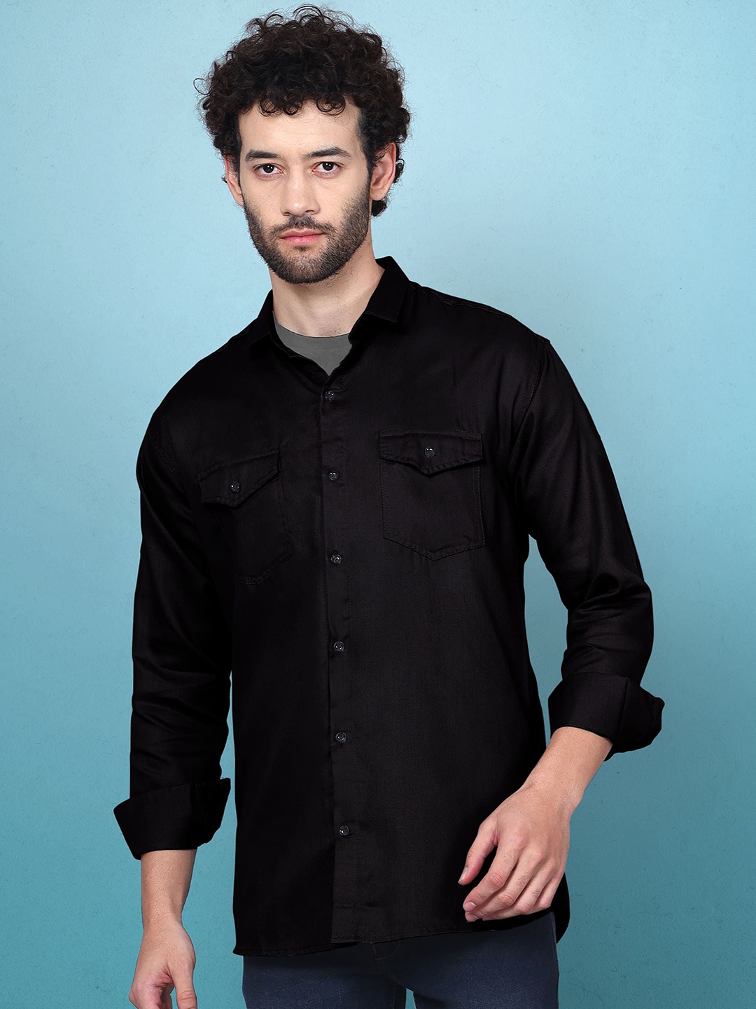 

WOXEN Men Original Fit Spread Collar Solid Cotton Casual Shirt, Black