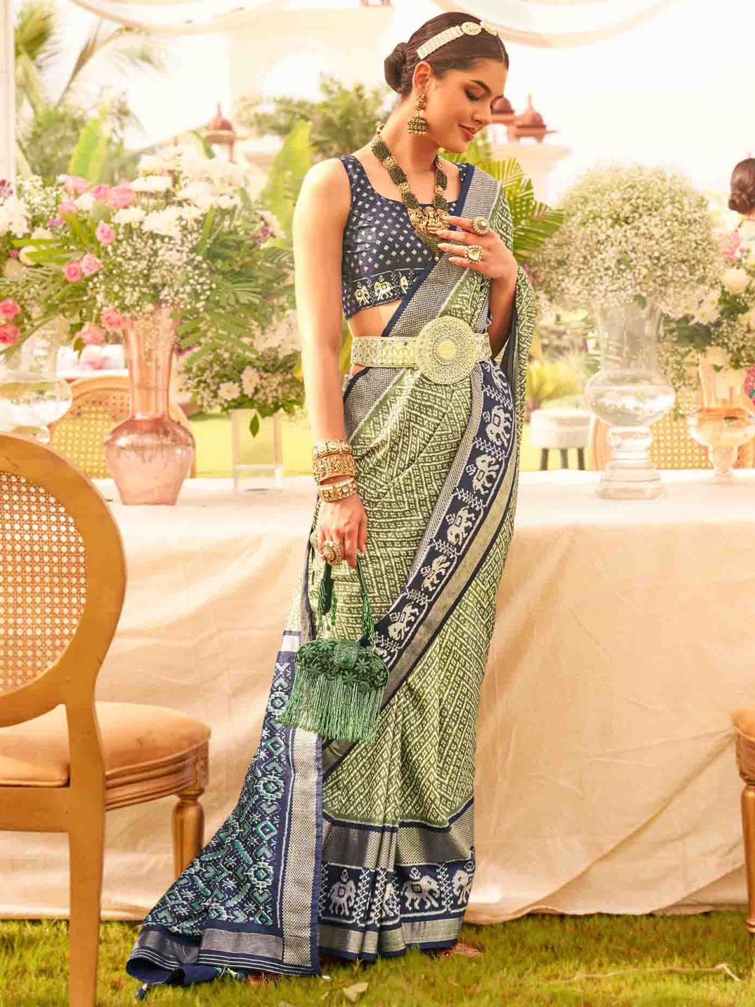 

Mitera Zari Silk Blend Patola Saree, Green