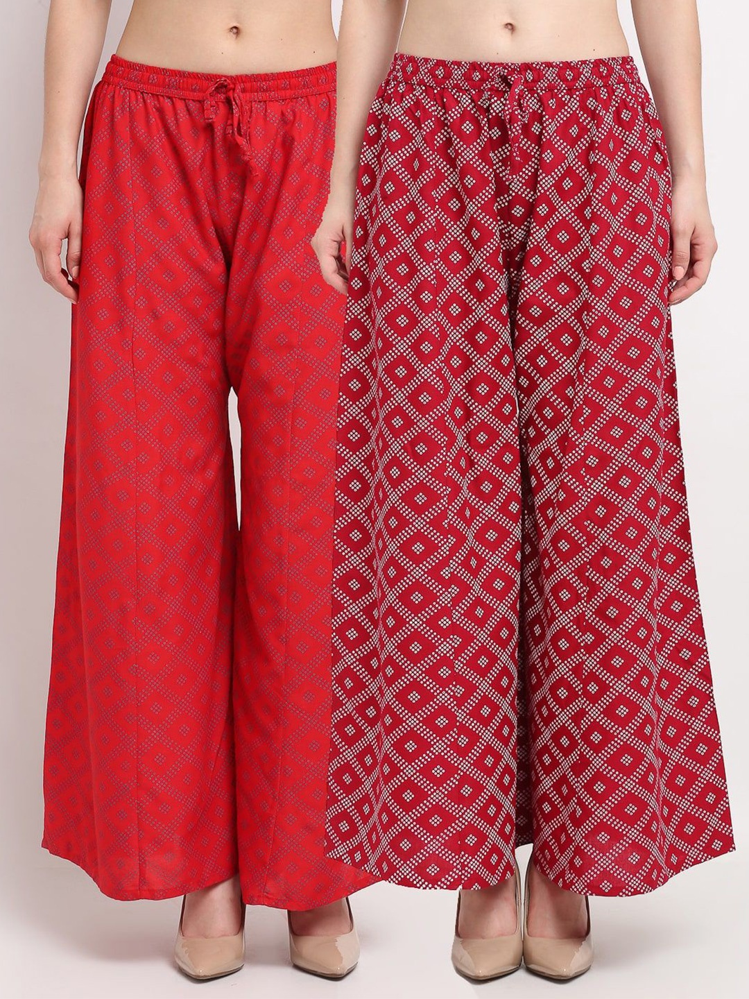 

GRACIT Women 2 Printed Flared Knitted Ethnic Palazzos, Red