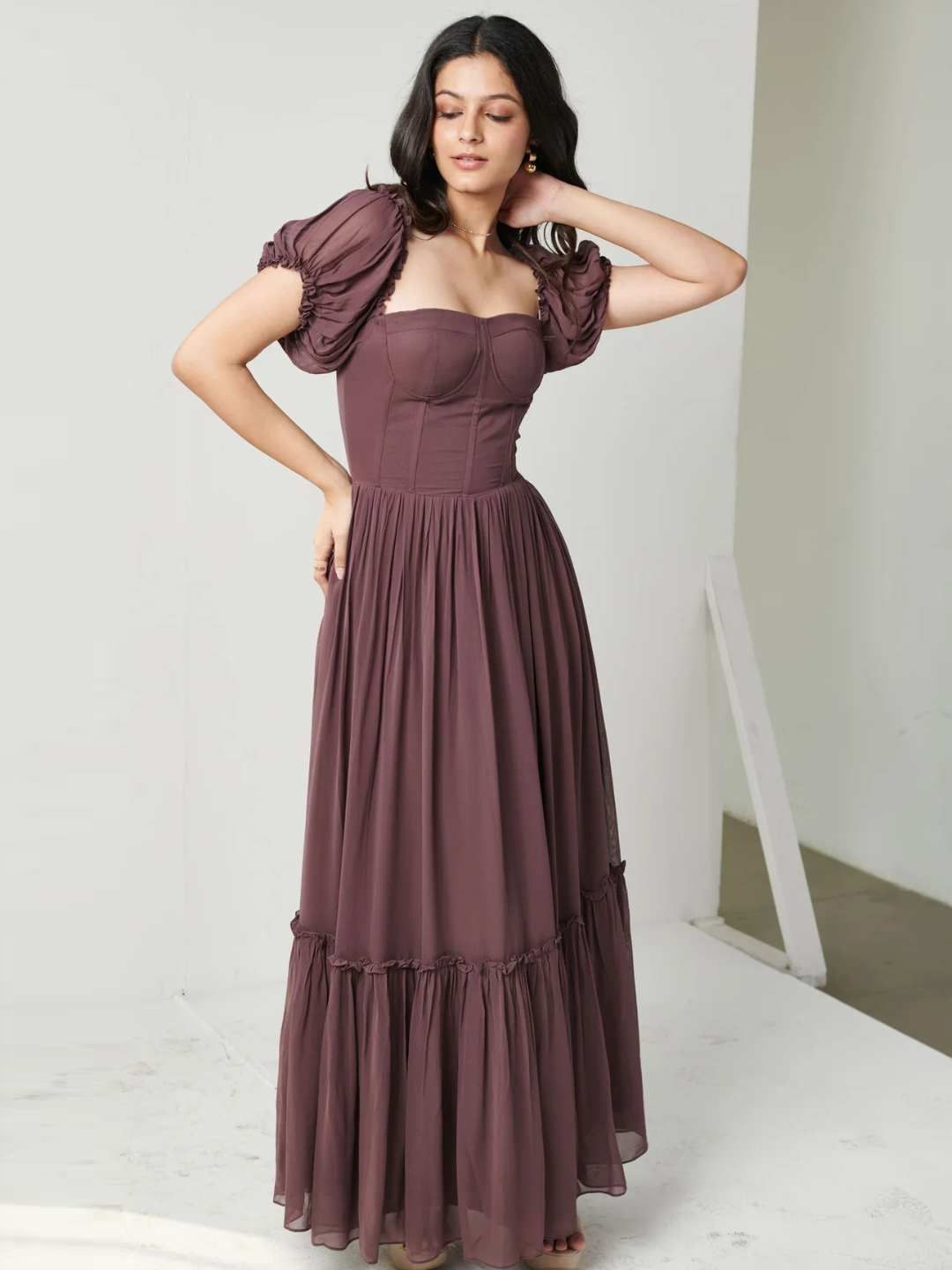 

Seoraa Puff Sleeve Georgette Maxi Dress, Burgundy