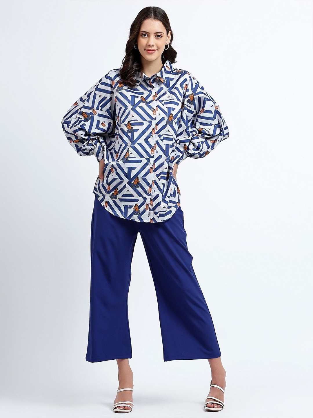 

STITCH MONKEY Women Classic Relaxed Fit Spread Collar Abstract Printed Cotton Casual Shirt, White