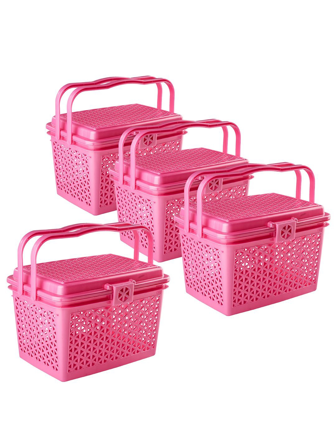 

Kuber Industries Pink 4 Checked Pieces Multipurpose Tote Basket with Lid & Handle