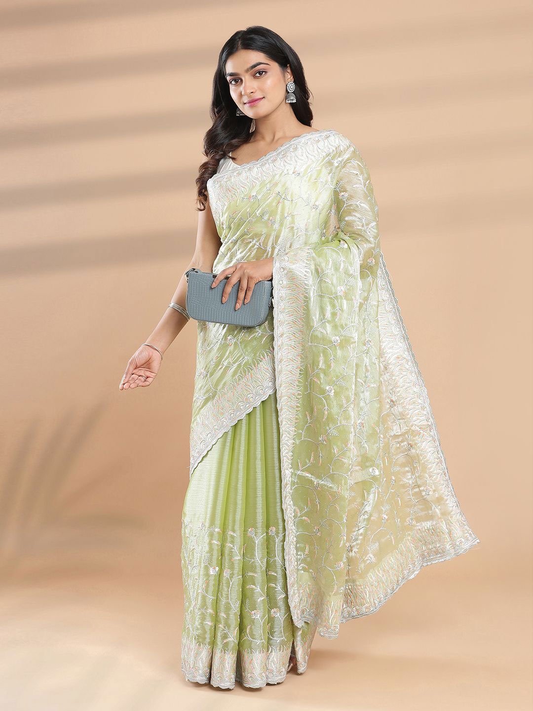 

Kalyan Silks Embellished Beads and Stones Organza Saree, Green