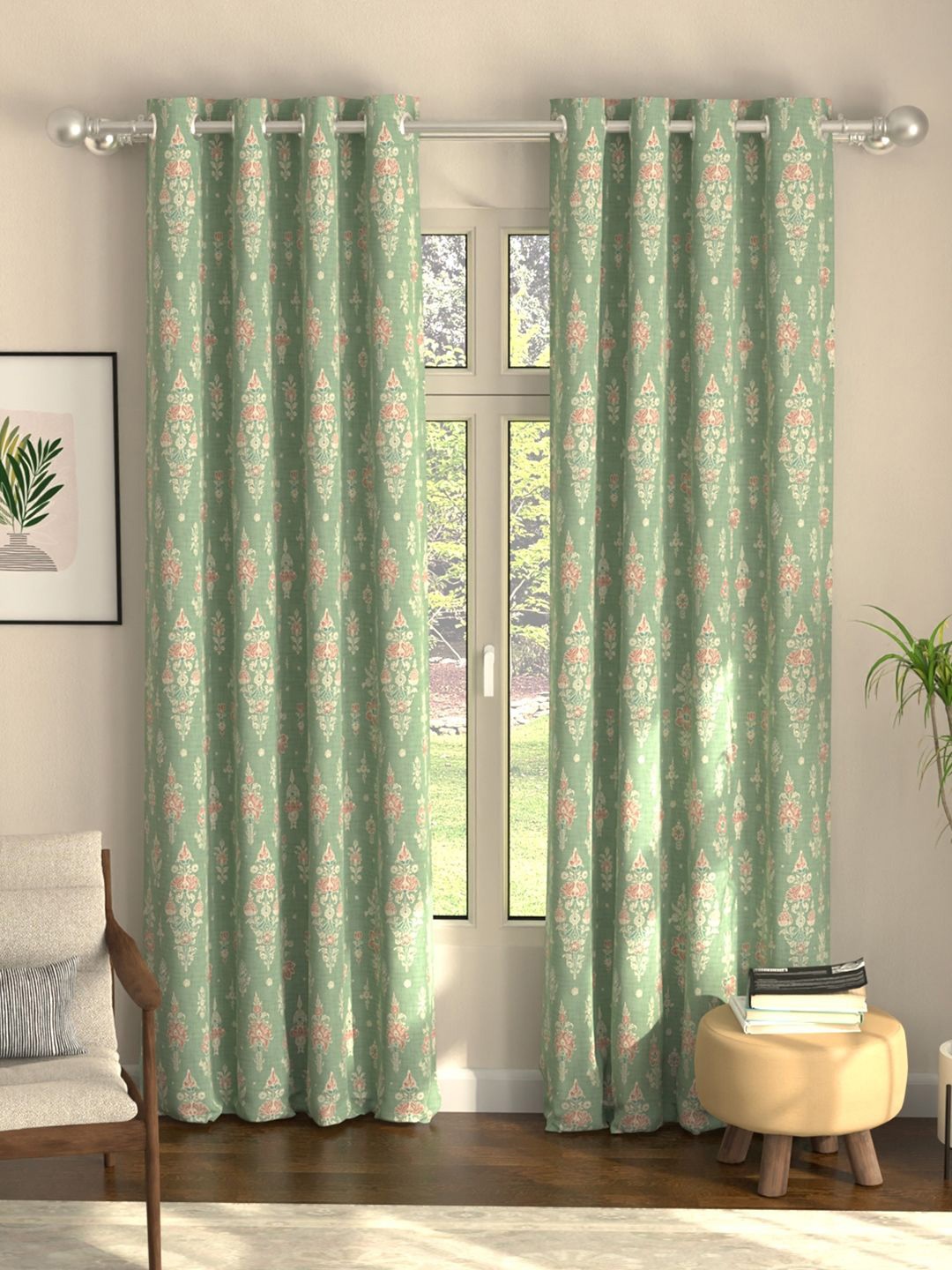 

URBAN SPACE Green & White Set of 2 Floral Printed Black Out Door Curtains