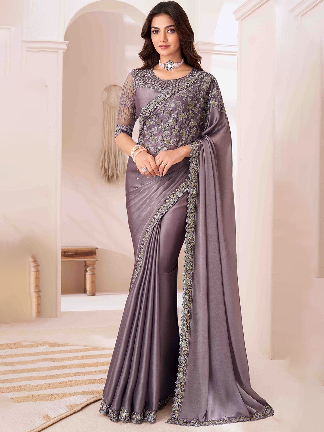 

Mitera Floral Embroidered Pure Georgette Saree, Grey