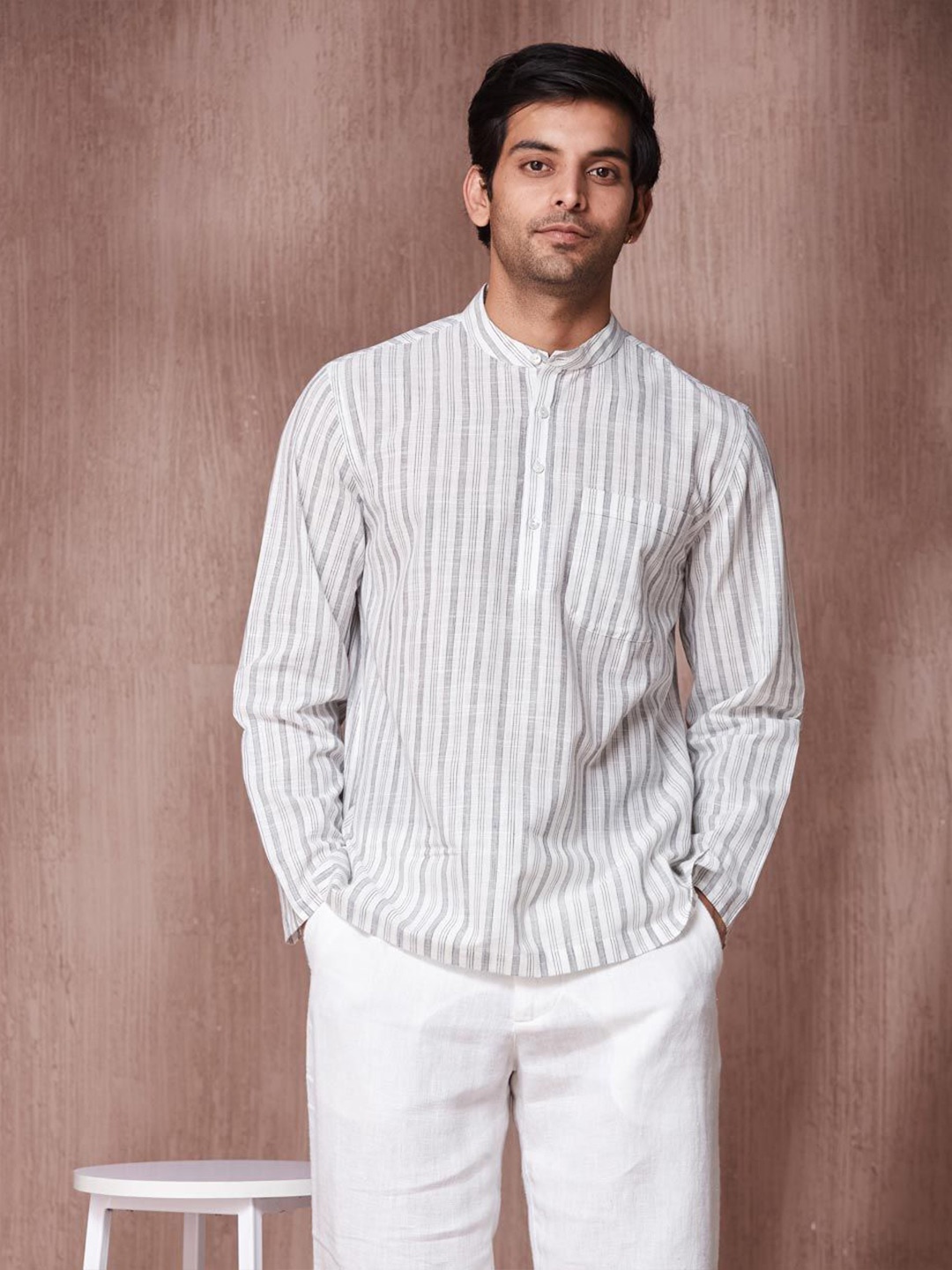 

Fabindia Men Band Collar Vertical Striped Cotton Casual Shirt, White