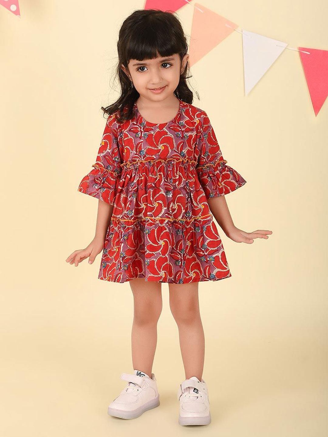

Fabindia Girls Ethnic Motifs Printed Bell Sleeve Fit & Flare Mini Dress, Red