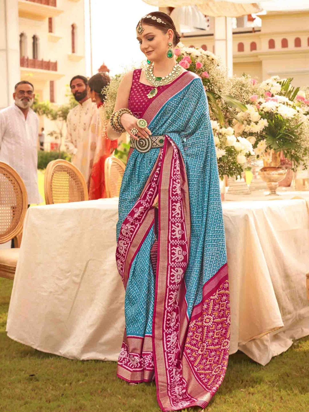 

Mitera Zari Silk Blend Patola Saree, Blue