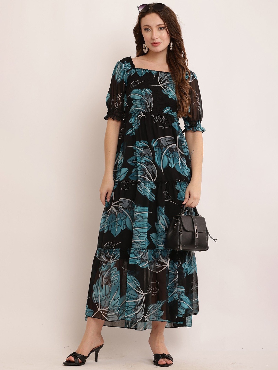 

Bright Nex Floral Print Puff Sleeve Georgette Fit & Flare Maxi Dress, Black