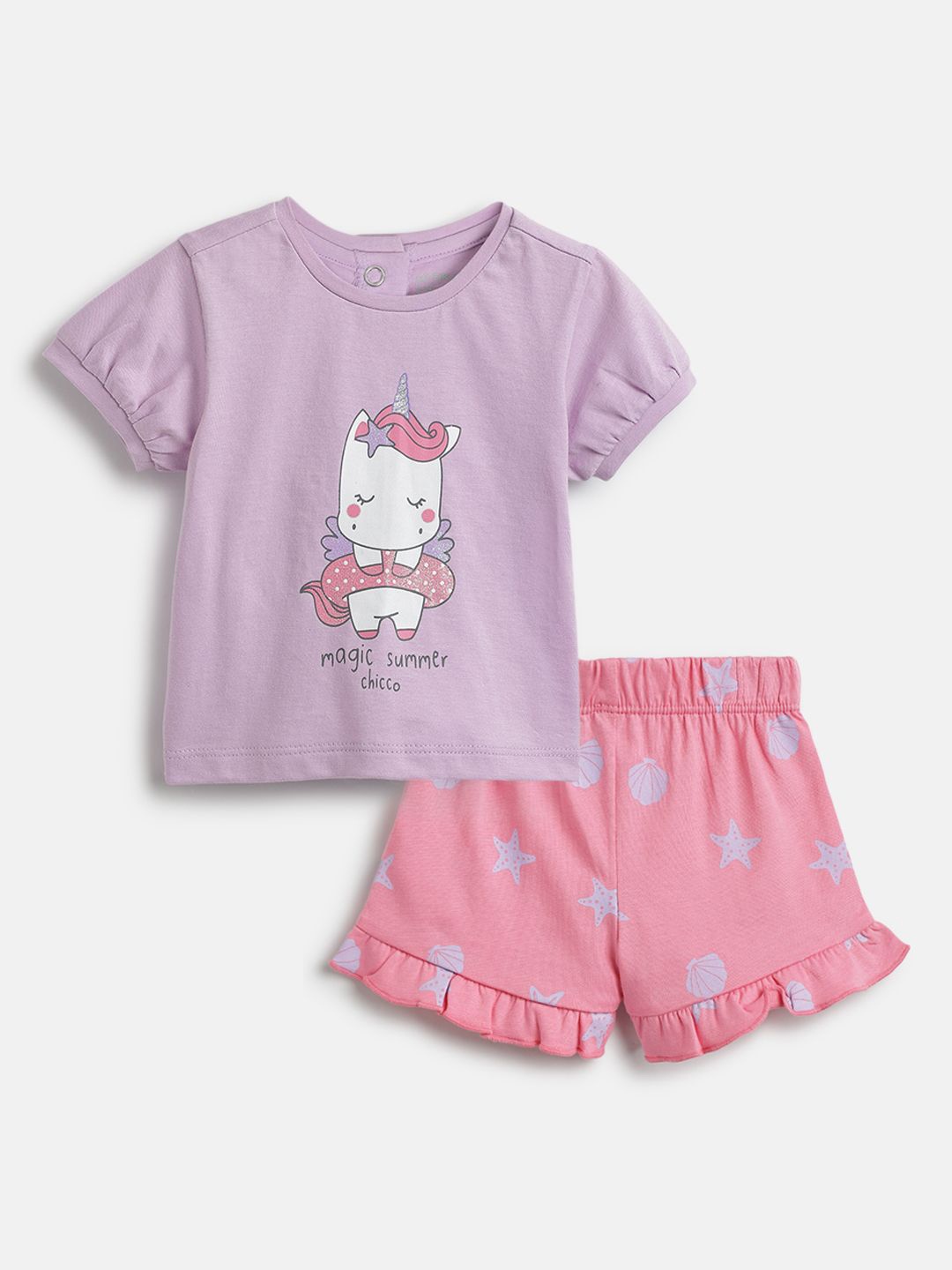

Chicco Girls Printed Pure Cotton T-Shirt With Shorts, Purple