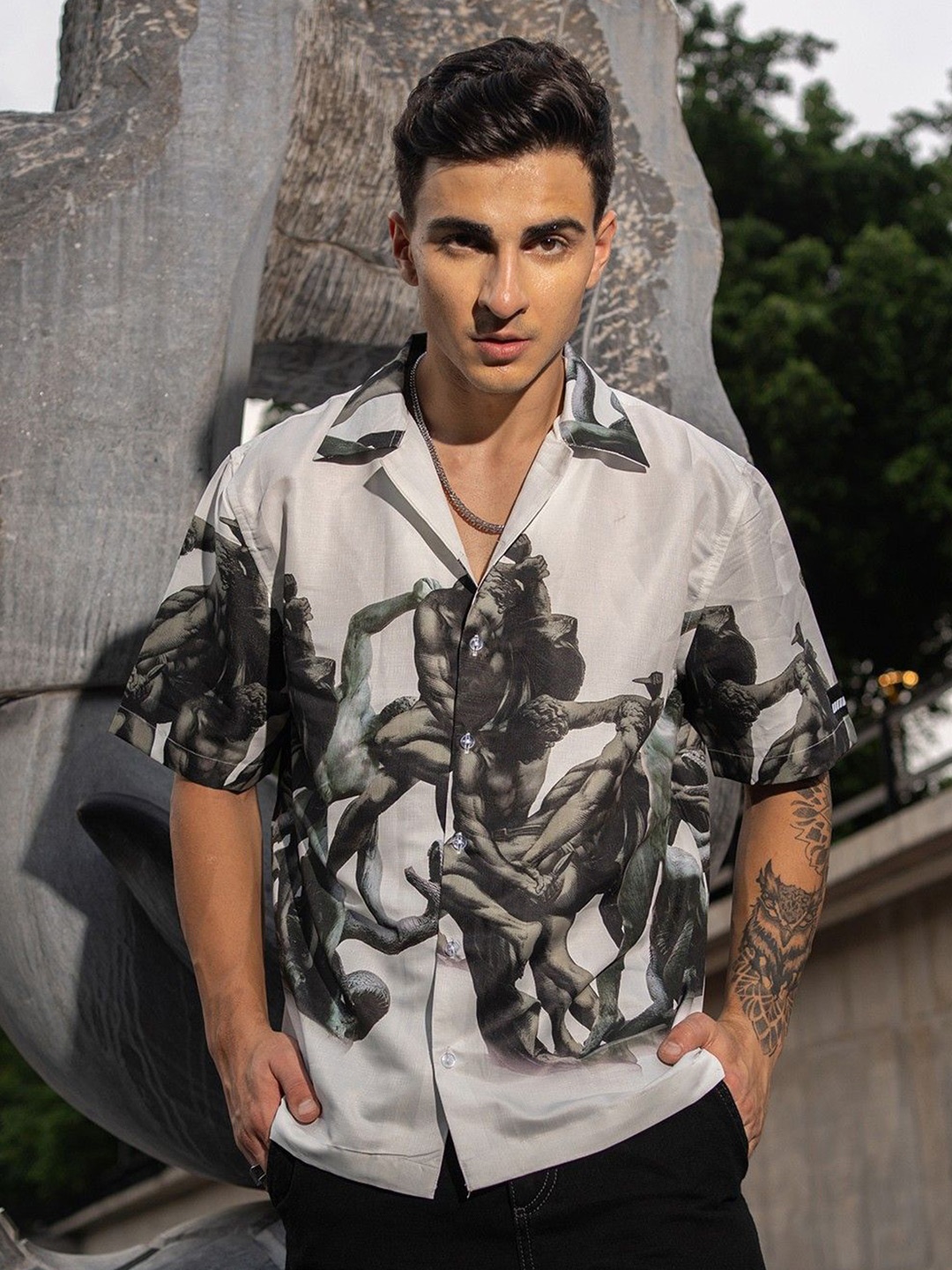 

HERE&NOW Men Cotton Graphic Printed Casual Shirt, White