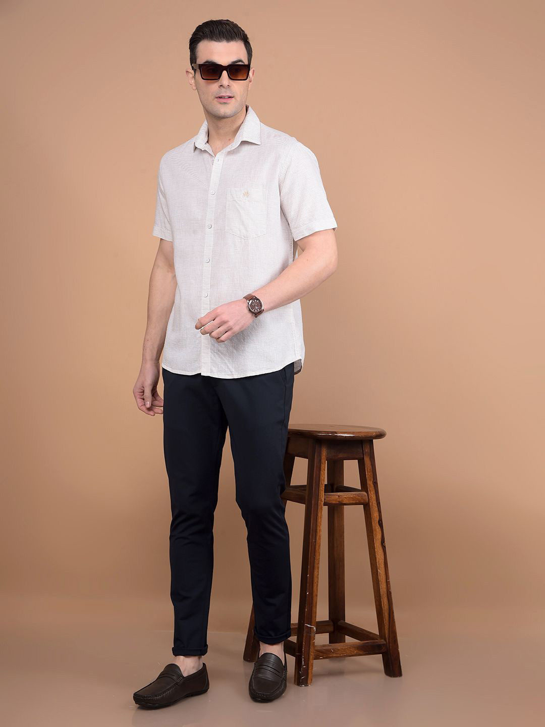 

Crimsoune Club Men Classic Slim Fit Spread Collar Horizontal Striped Cotton Casual Shirt, Beige