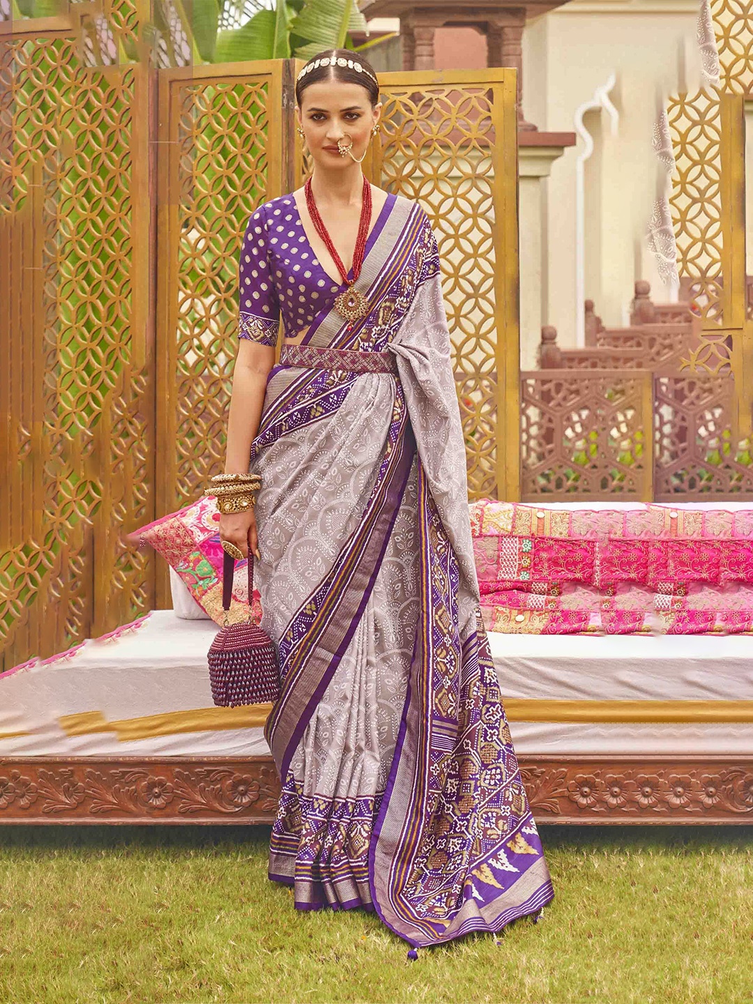 

Mitera Floral Silk Blend Patola Saree, Grey