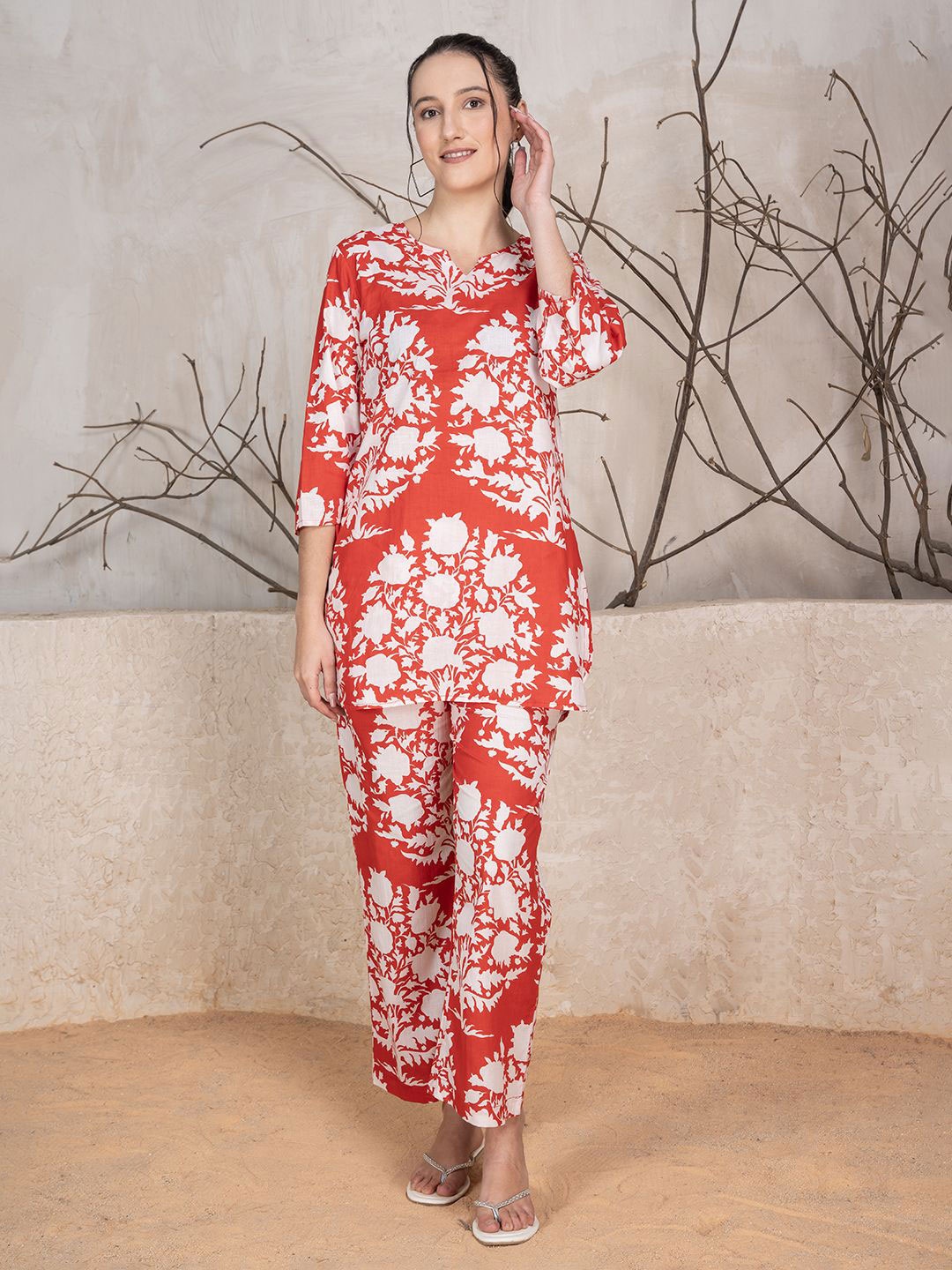 

SANASH Collections Floral Damask Printed Tunic With Trousers Co-Ords Set, Red