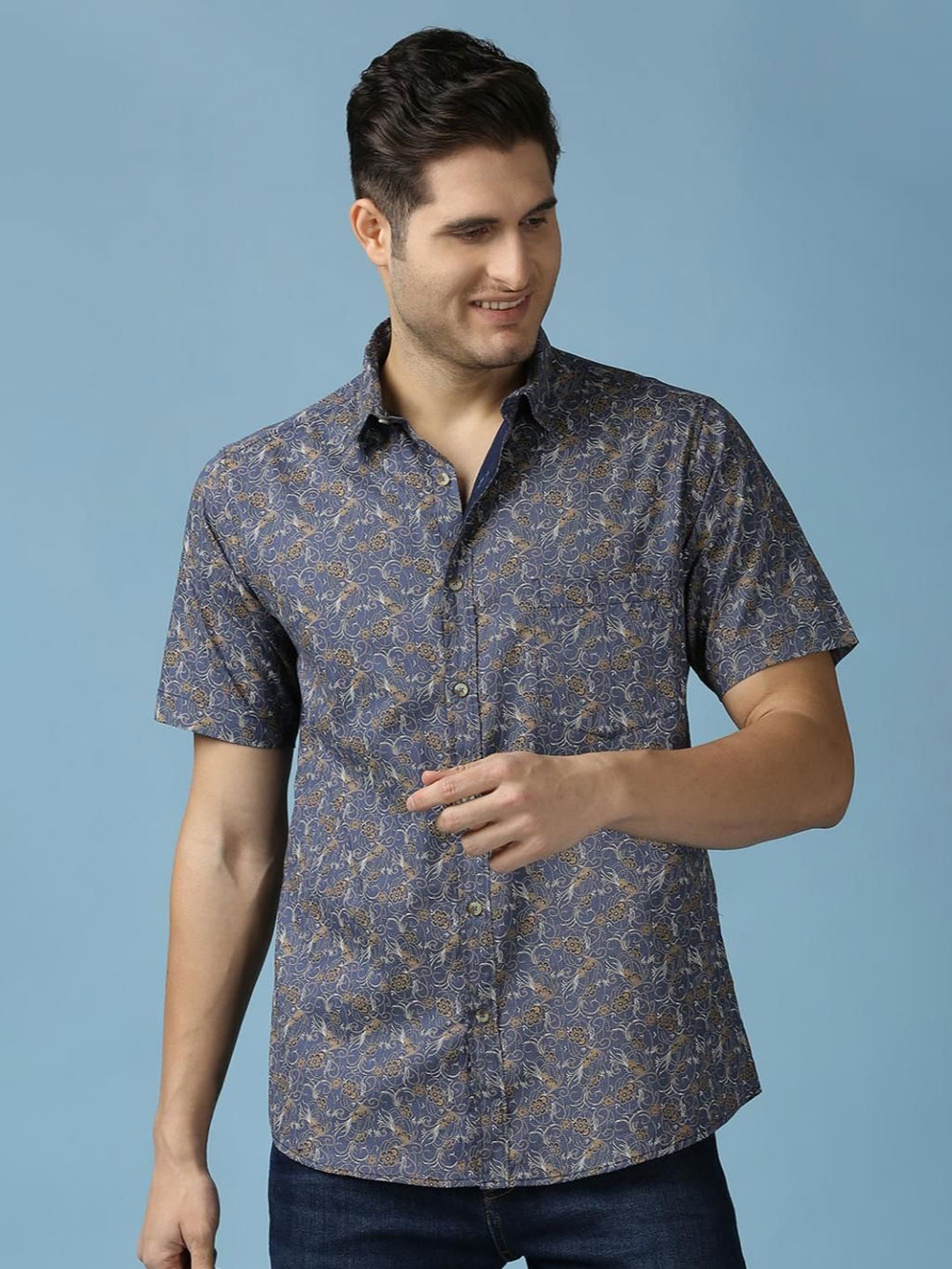 

SNX Men Spread Collar Floral Printed Cotton Casual Shirt, Navy blue