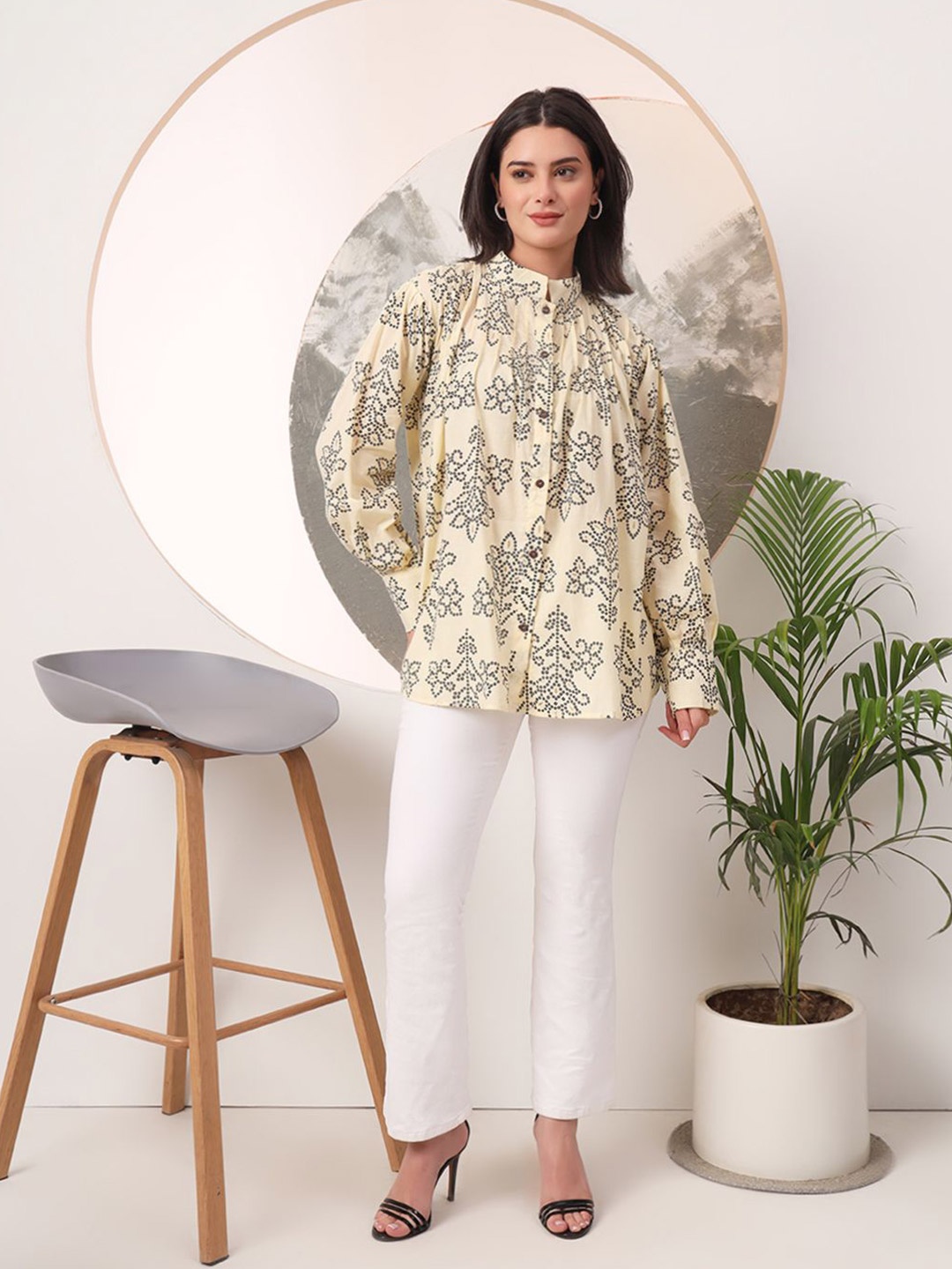 

KALINI Floral Print Mandarin Collar Cuffed Sleeve Pure Cotton Shirt Style Top, Cream