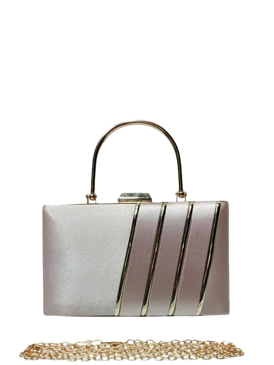 

Esmoda Striped Tinsel Frame Purse Clutch with Shoulder Chain, White