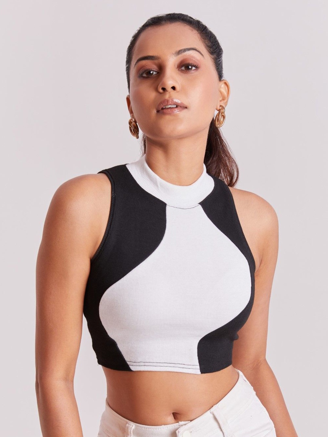 

BerryBird High Neck Colourblocked Cotton Fitted Crop Top, Black