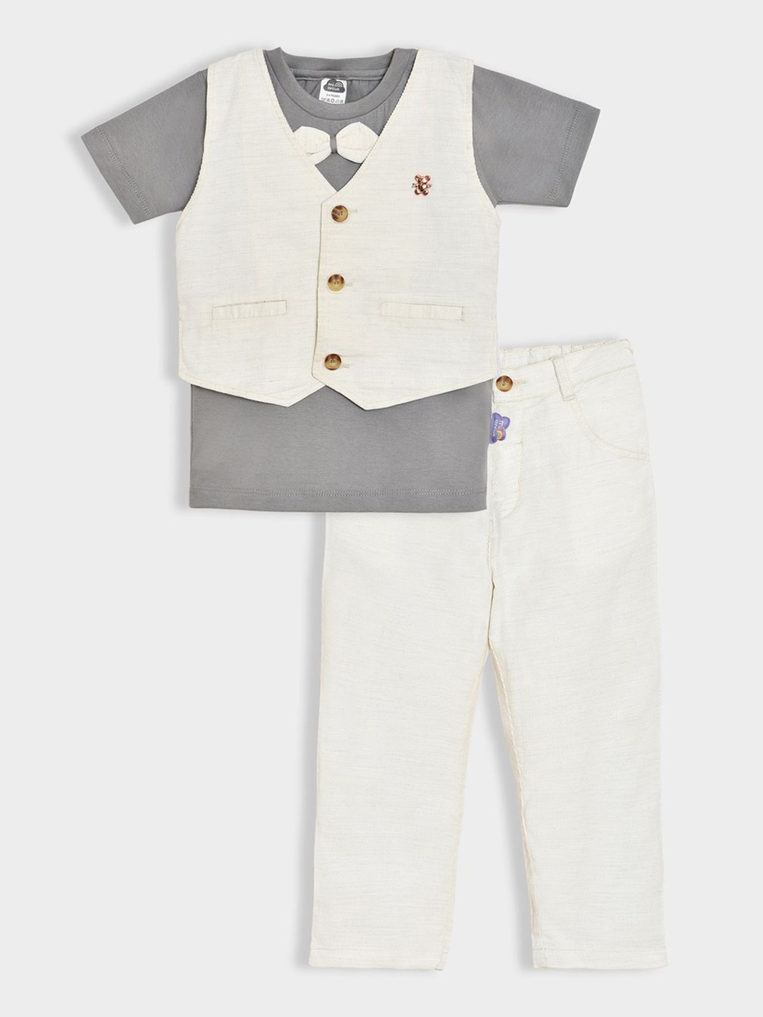 

MiArcus Boys Solid T-Shirt With Waist Coat & Trouser Set, Off white